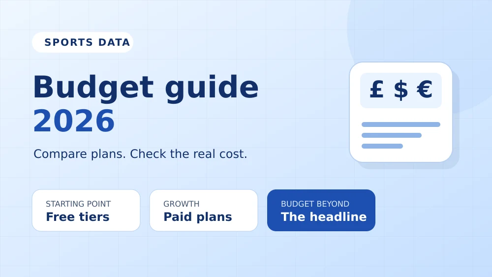 Original blue editorial illustration titled Sports Data Budget Guide 2026 with plan cards and currency symbols