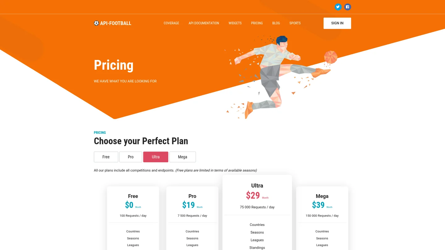 API-Football official pricing page showing free and paid request allowances