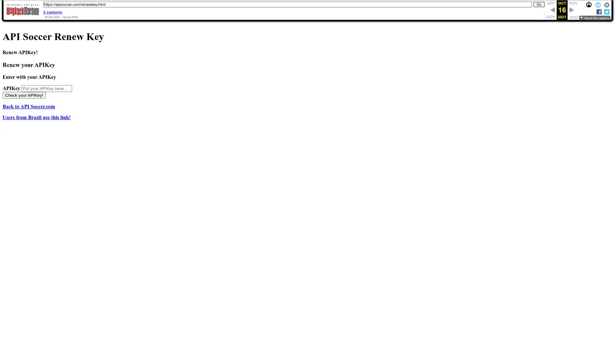 Wayback capture of API Soccer’s 2021 API-key renewal form