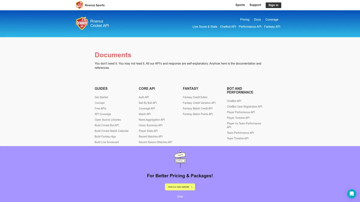 Roanuz Cricket API official documentation index