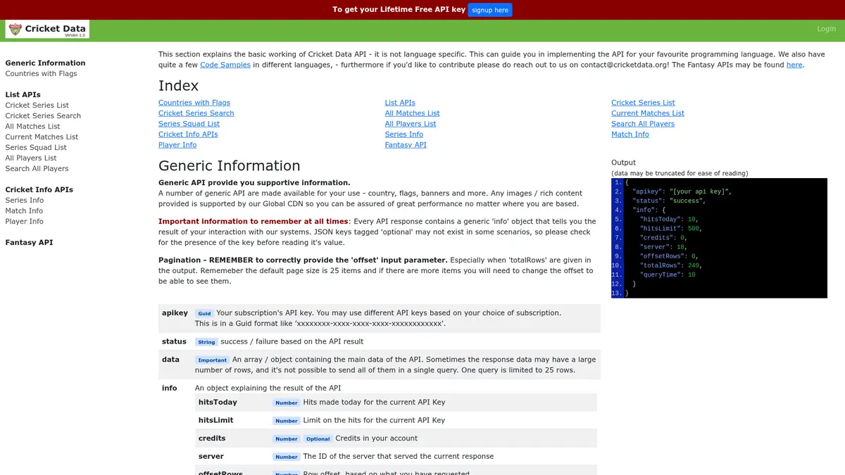 Official Cricket Data API documentation and pagination guide