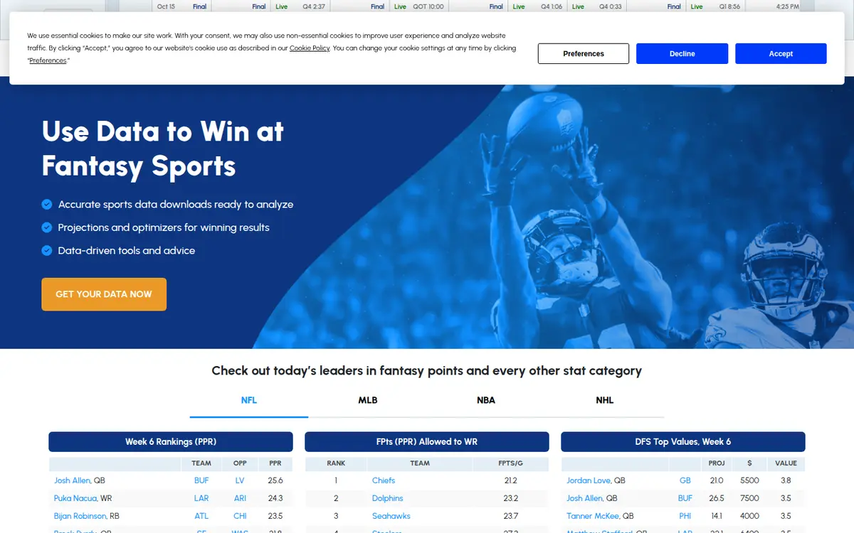 FantasyData home page showing current fantasy sports data tools and rankings
