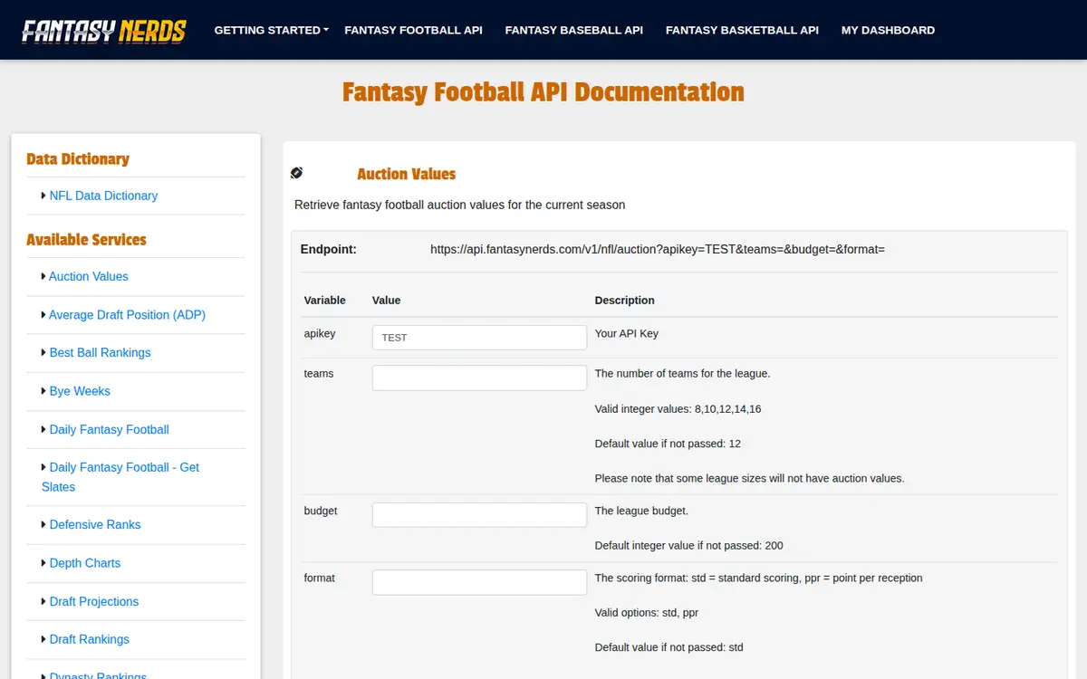 Fantasy Nerds NFL API documentation with auction values endpoint example