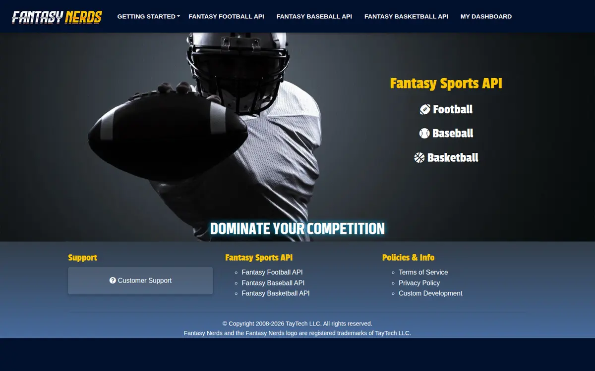 Fantasy Nerds API homepage identifying football, baseball and basketball APIs