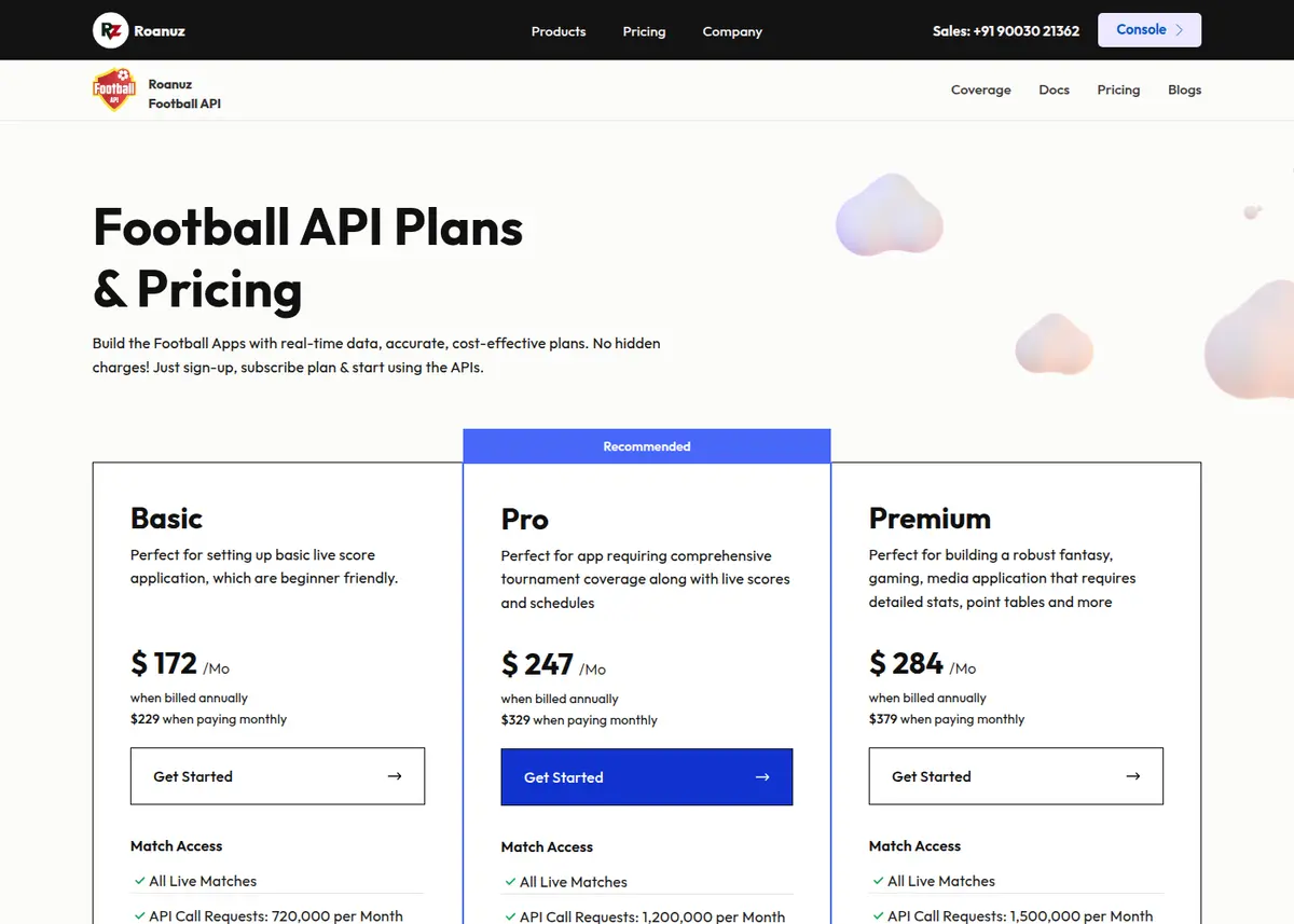 Roanuz Football API official plans page