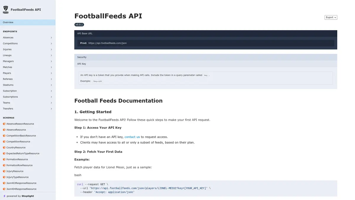 Football Feeds official documentation page