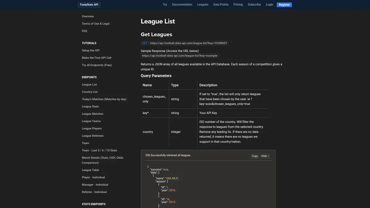 FootyStats official documentation page