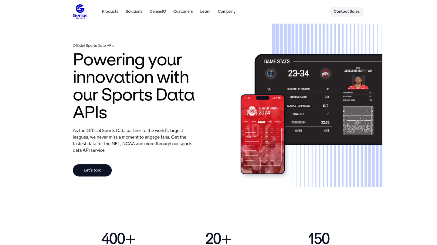 Genius Sports official sports data API page with NFL and NCAA proposition