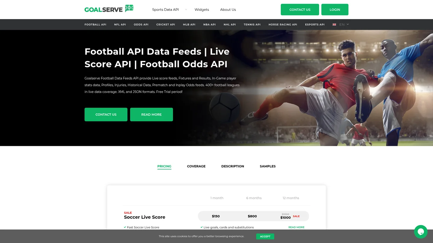 Goalserve football product and pricing page with live score package