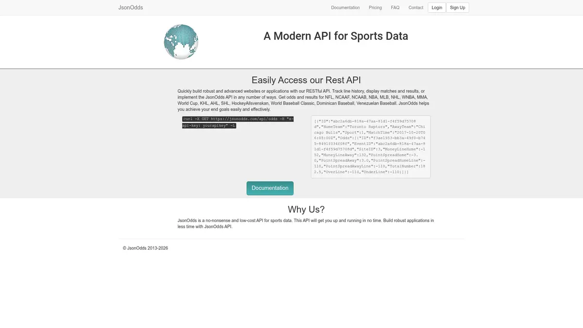 JsonOdds homepage showing REST API example and sports catalogue
