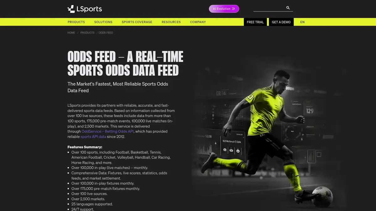 LSports odds feed page describing sports and event feed scope