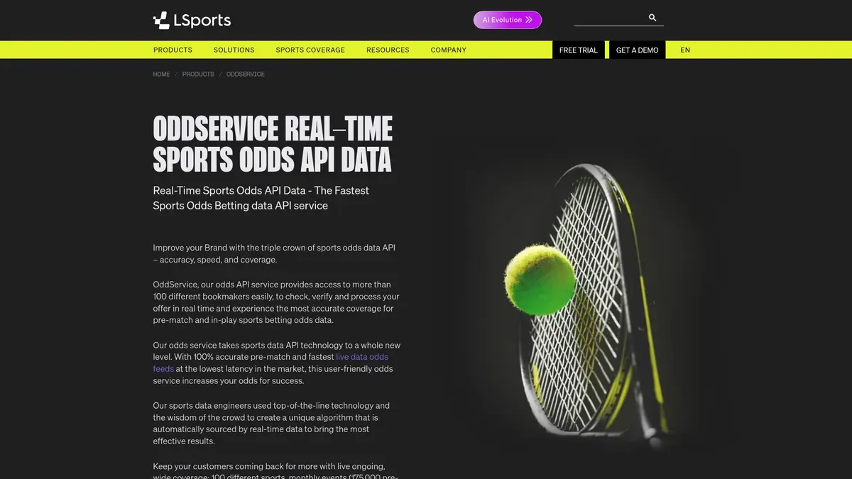 LSports OddService product page describing real-time sports odds API