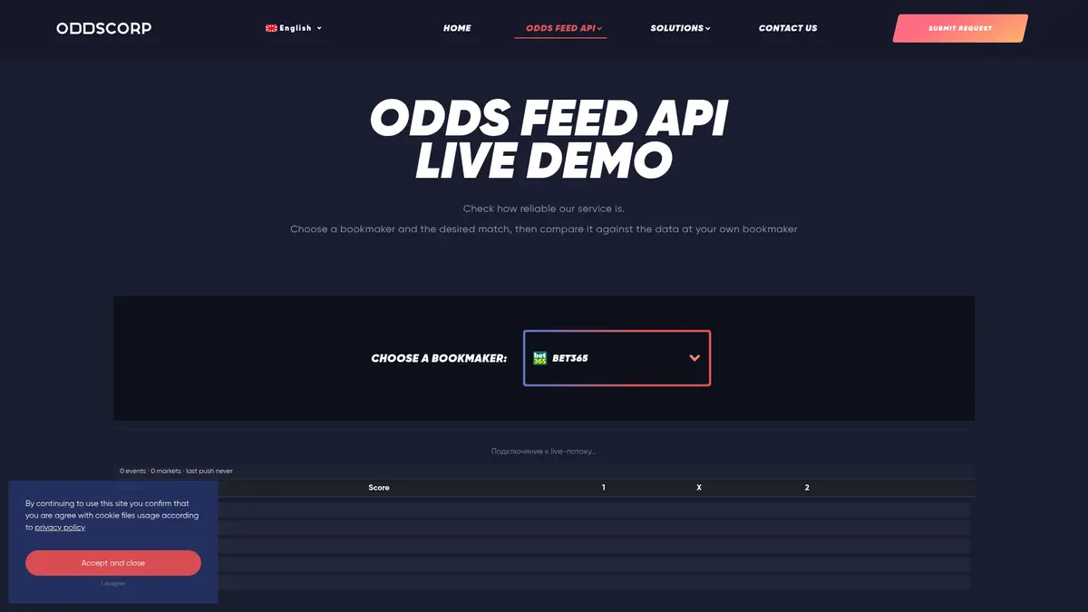 ODDSCORP odds feed live demo with bookmaker selector