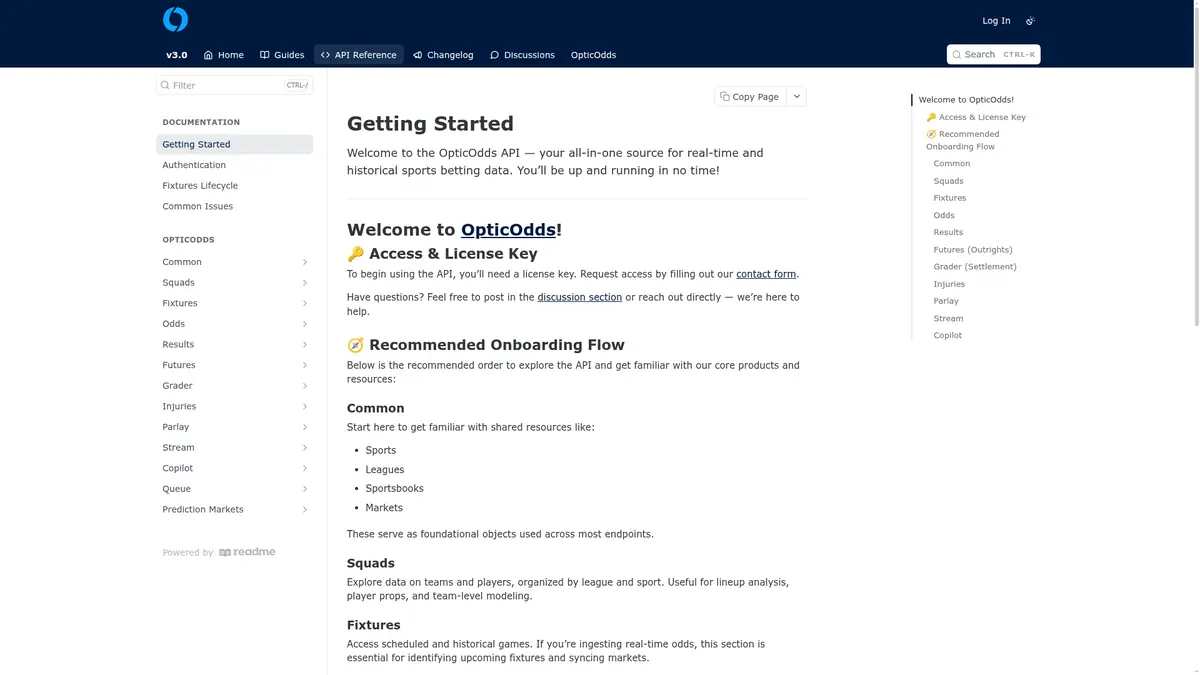 OpticOdds developer portal showing current API modules and license-key entry route