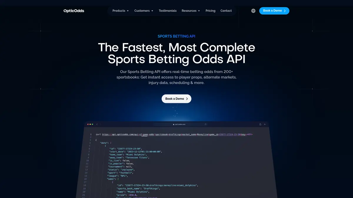 OpticOdds sports betting API sales page describing odds from sportsbooks