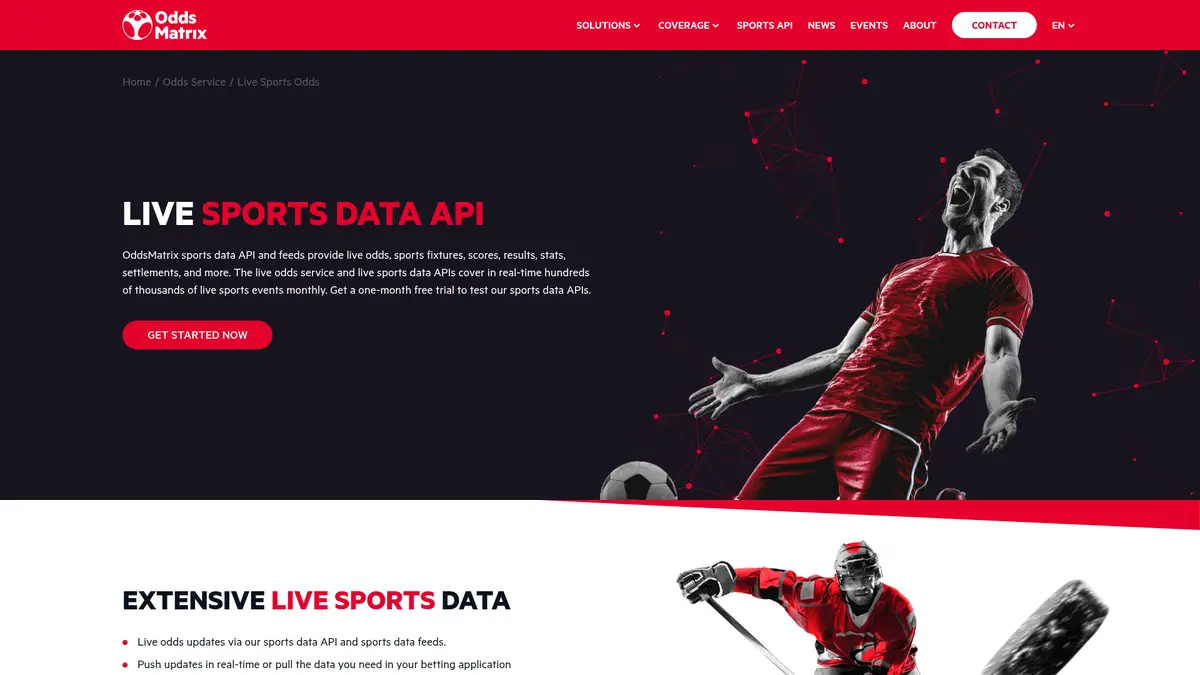 OddsMatrix live sports data API page for odds and related event data