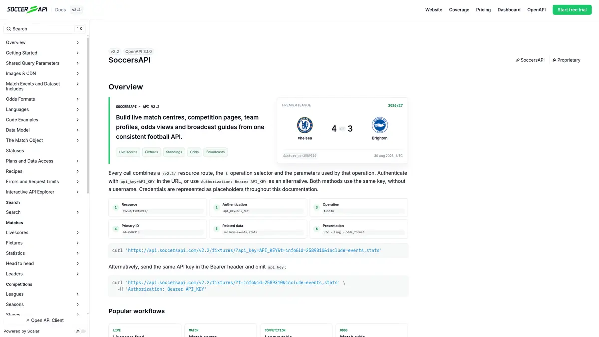 SoccersAPI official documentation page