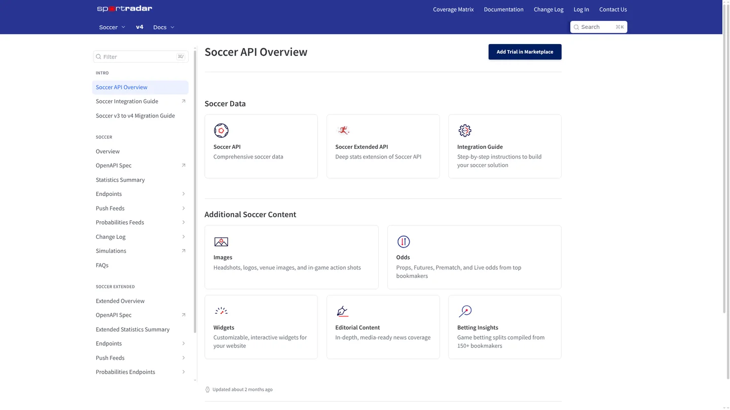 Sportradar Soccer API overview with core and extended products