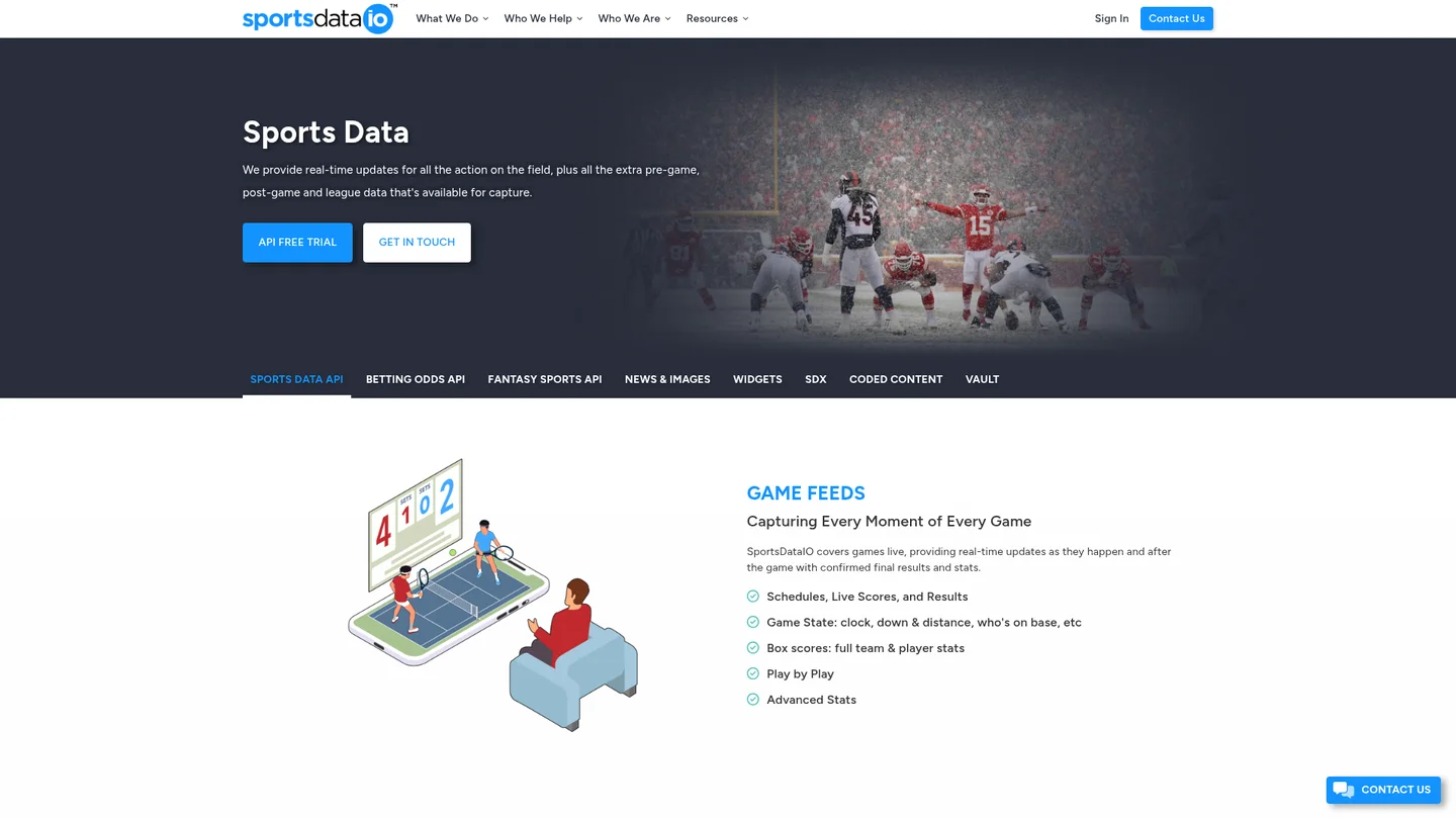 SportsDataIO Sports Data page listing game feed categories