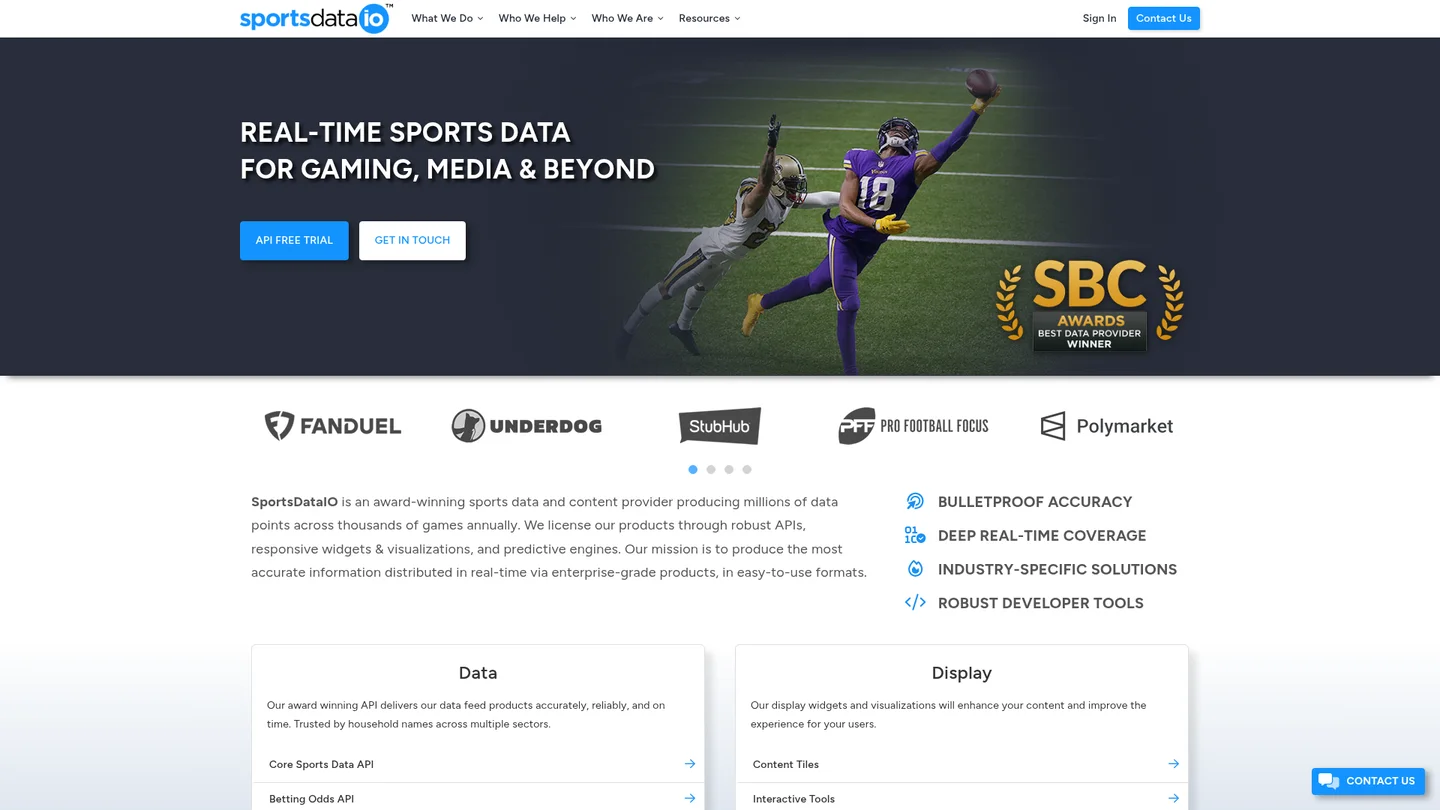 SportsDataIO homepage introducing real-time sports data and display products