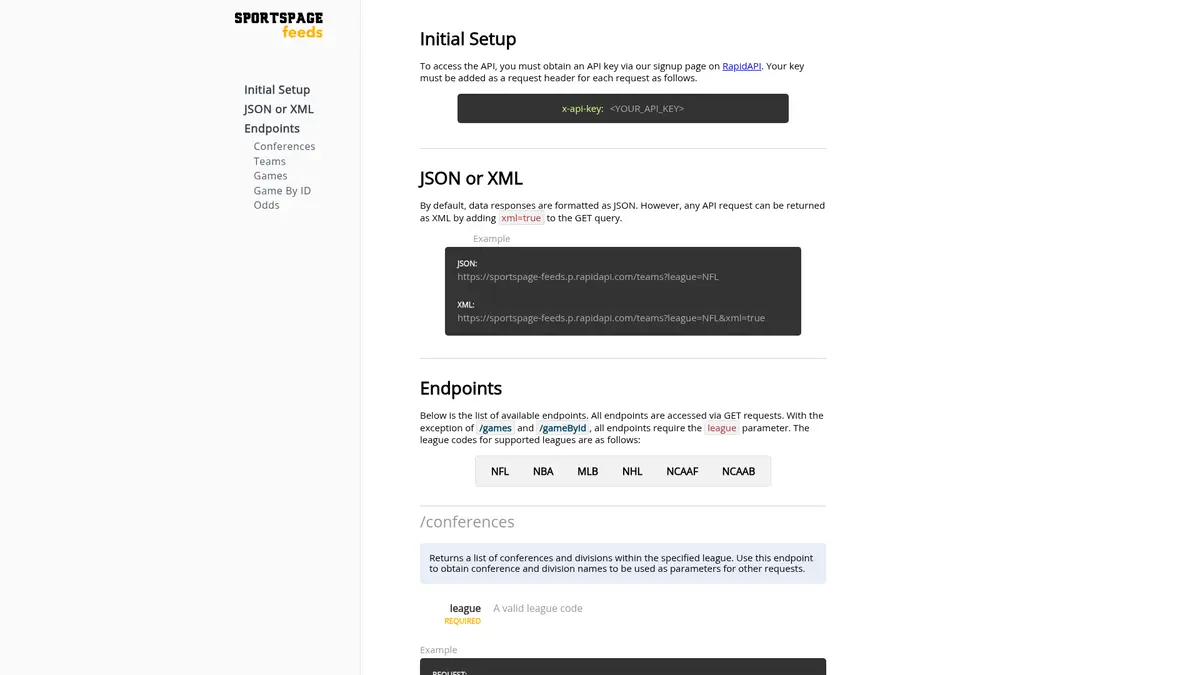 Sportspage Feeds official documentation page