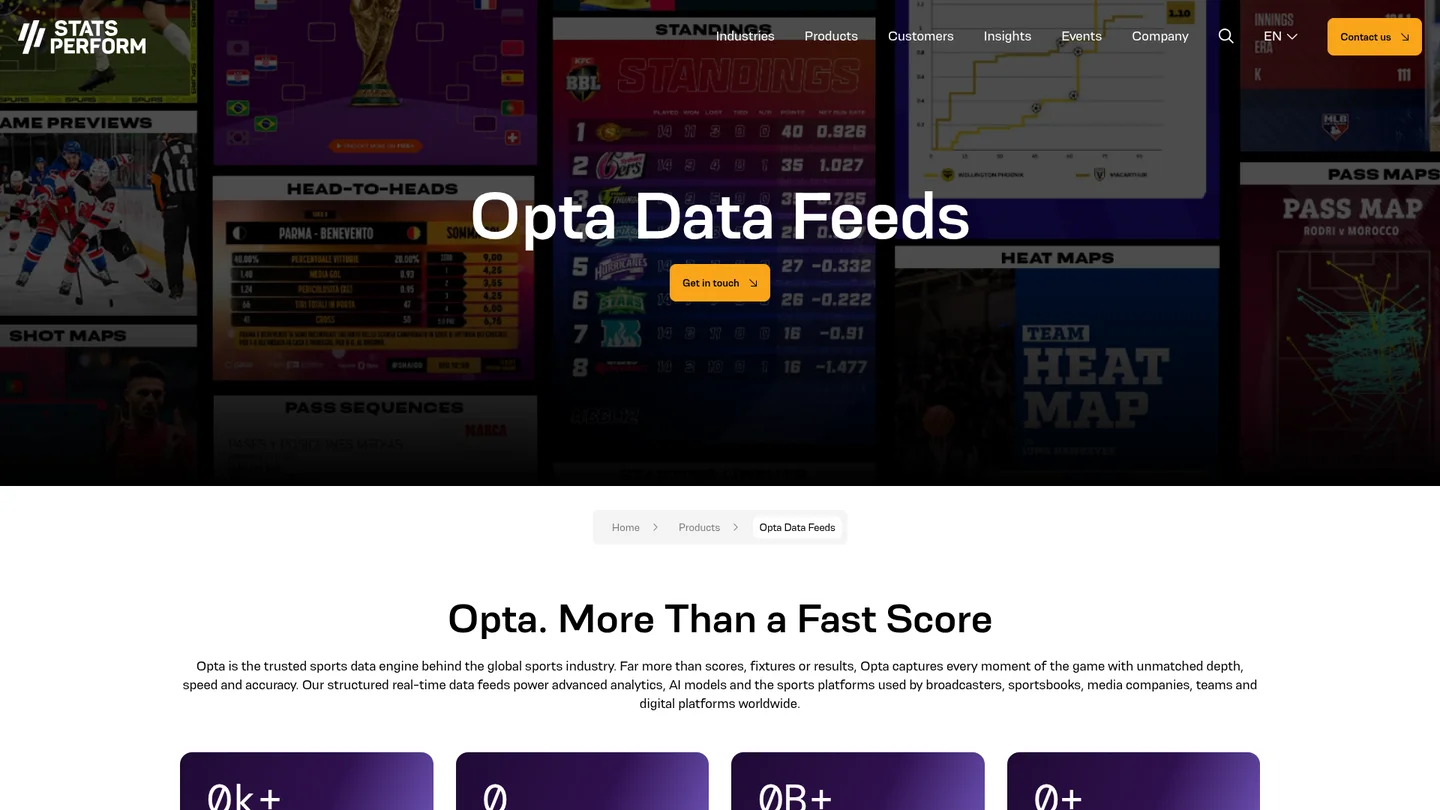 Stats Perform Opta Data Feeds page with sports visualisation examples