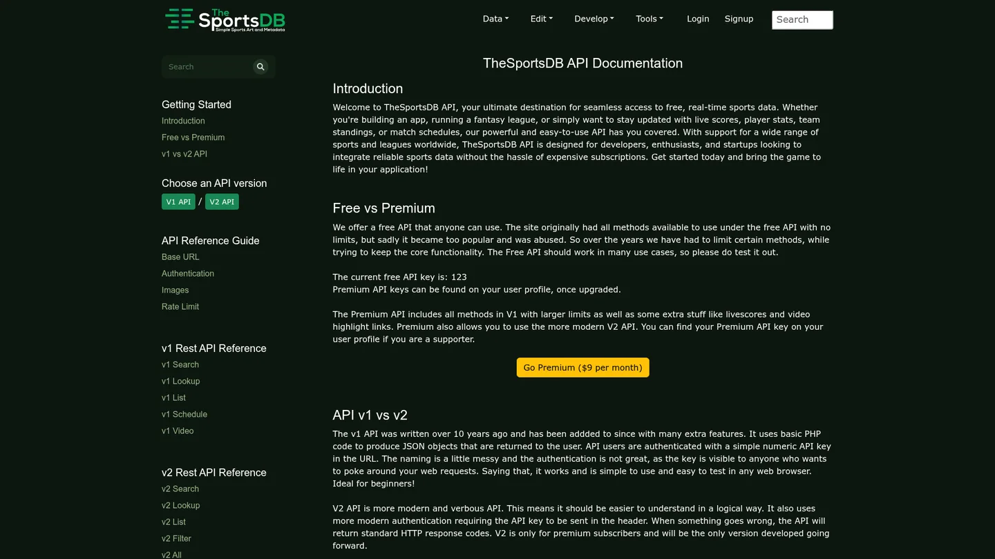 TheSportsDB documentation showing free and premium and API version guidance