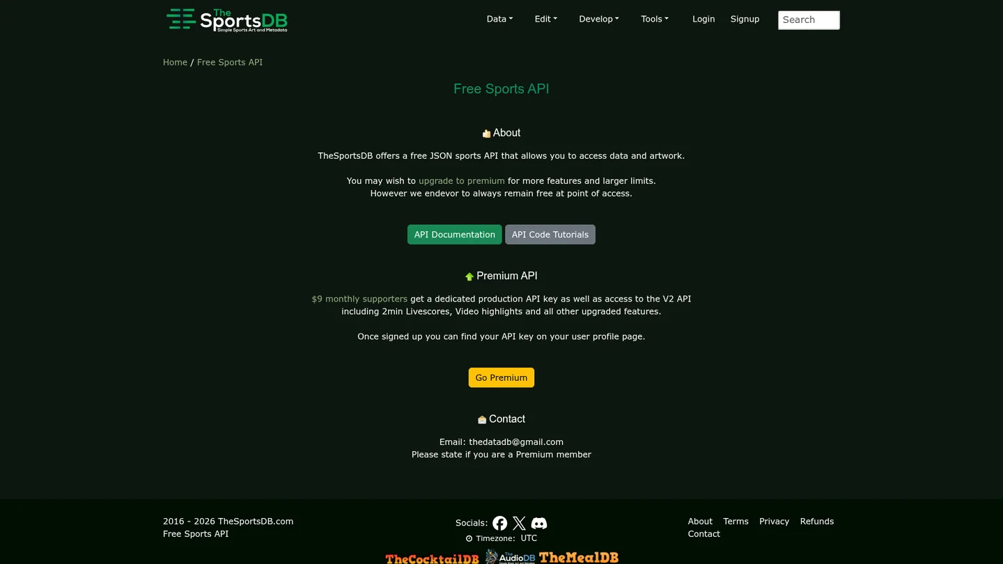 TheSportsDB free sports API page describing JSON access and premium membership